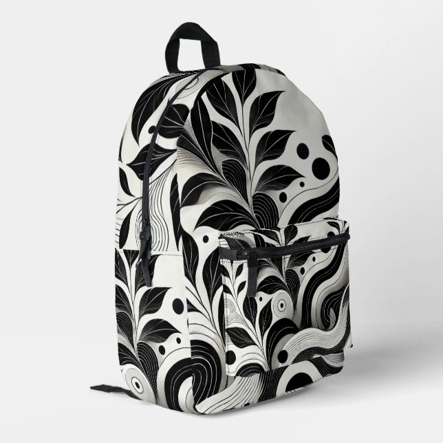 Sac À Dos Imprimé Floral Abstrait moderne noir et blanc (Coin arrière gauche)