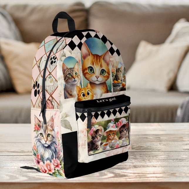 Sac À Dos Imprimé Folle de chats Bohème Chic (Whimsical bohemian scrapbook style backpack for a crazy cat lady - with optional custom photos)