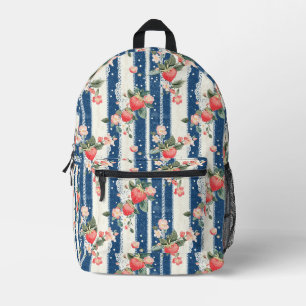 Sac À Dos Imprimé Fraises Vintage Bleu Crème Cottagecore