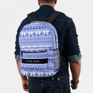 Sac À Dos Imprimé Fret grec, Clé de méandre mixte, Bleu, Votre Nom