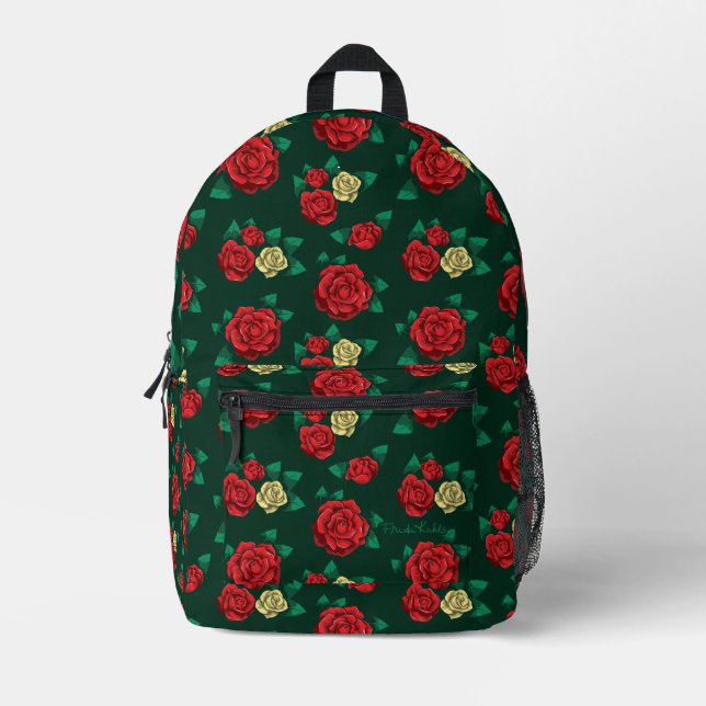 Sac À Dos Imprimé Frida Kahlo | Motif de rose rouge et or (Recto)