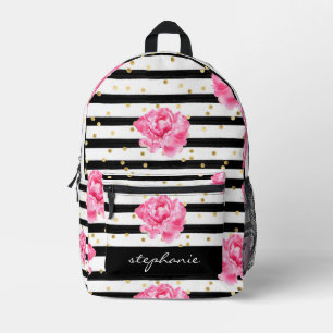 Sac À Dos Imprimé Fruit noir floral personnalisé et Confetti or