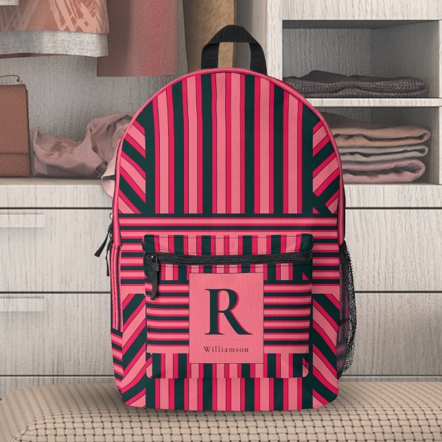 Sac À Dos Imprimé Fuchsia noir Art Deco Chevron Stripe Monogramme (Créateur téléchargé)