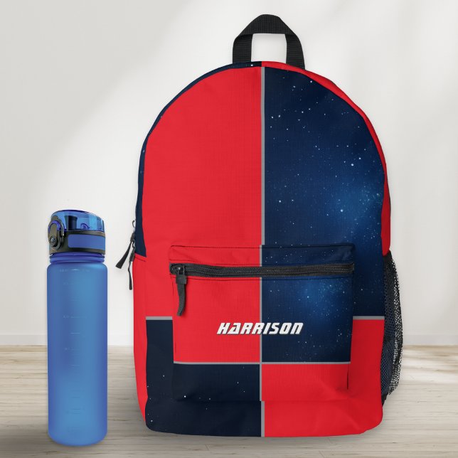 Sac À Dos Imprimé Galaxie spatiale Géométrique Rouge Marine Bleu Per (A stylish personalized backpack with space themed design of block color red and navy blue night sky)
