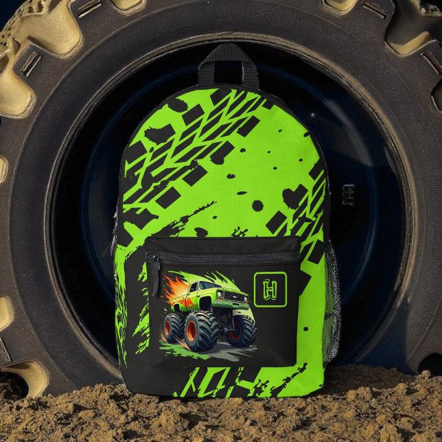 Sac À Dos Imprimé Garçons Monster Truck Vert Néon Monogramme  (Créateur téléchargé)