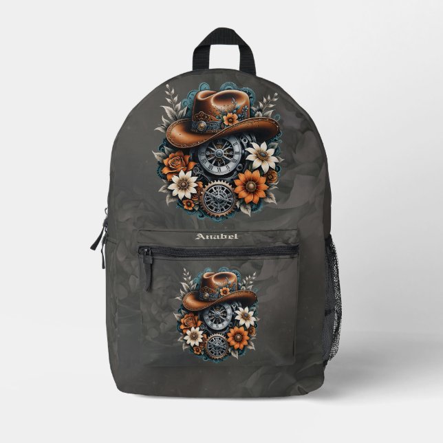 Sac À Dos Imprimé Gears en fleurs : Steampunk style cowboy. (Recto)