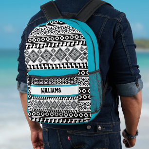 Sac À Dos Imprimé Géométrie Aztec Tribale Turquoise Monogramme Noir