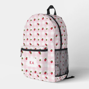 Sac À Dos Imprimé Gingham Fraise Monogramme Personnalisé Rose Mignon