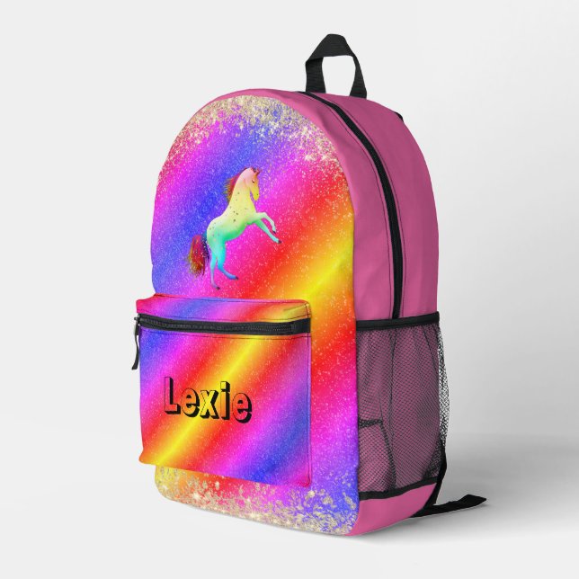 Sac À Dos Imprimé Glittery Pastels Rainbow Unicorn Personnalisé (Coin arrière droit)