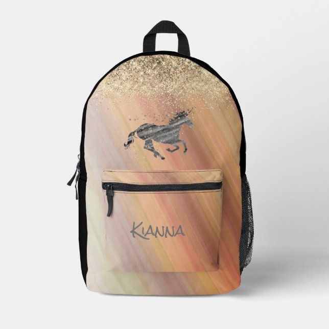 Sac À Dos Imprimé Glittery Rainbow Pastels Unicorn Personnalisé (Recto)