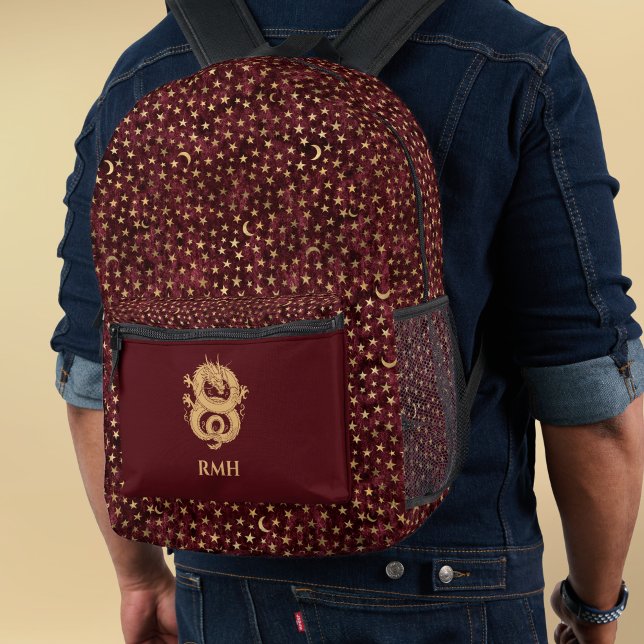 Sac À Dos Imprimé Gold Dragon on Burgundy with Stars Moon Monogram  (Créateur téléchargé)