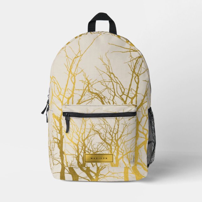 Sac À Dos Imprimé Gold Tree Branches Motif Beige Custom Name (Recto)