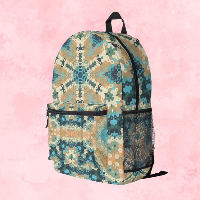 Sac À Dos Imprimé Hex Mandala bleu et orange (Blue and Orange Hexagon Mandala Backpack by Wormhole Orbital)