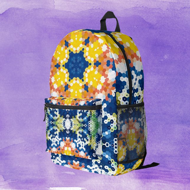 Sac À Dos Imprimé Hex Mandala bleu jaune orange et vert (Blue Yellow Orange and Green Hexagon Mandala Backpack by Wormhole Orbital)