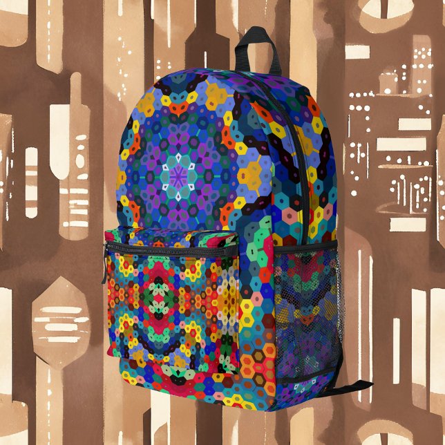 Sac À Dos Imprimé Hex Mandala bleu jaune rouge et vert (Créateur téléchargé)
