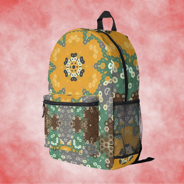 Sac À Dos Imprimé Hex Mandala Jaune Turquoise et Brown (Yellow Teal and Brown Hexagon Mandala Backpack by Wormhole Orbital.)