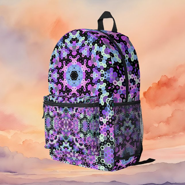 Sac À Dos Imprimé Hex Mandala violet rose et bleu (Purple Pink and Blue Hexagon Mandala Backpack By Wormhole Orbital)