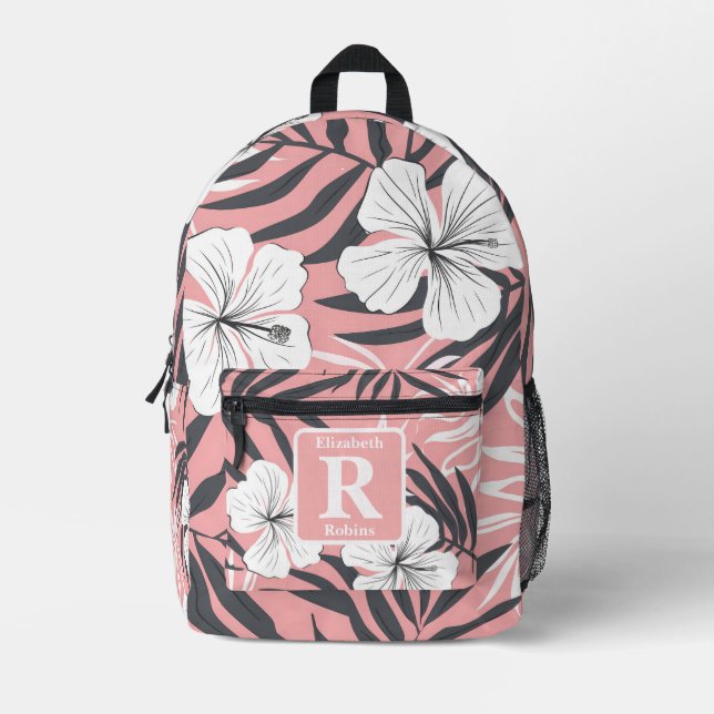 Sac À Dos Imprimé Hibiscus rose tropical personnalisé Monogramme (Recto)