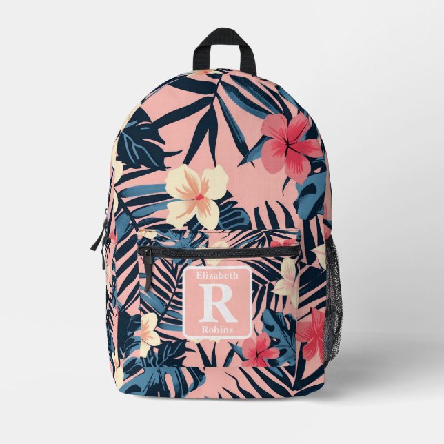 Sac À Dos Imprimé Hibiscus rose tropical personnalisé Monogramme (Recto)