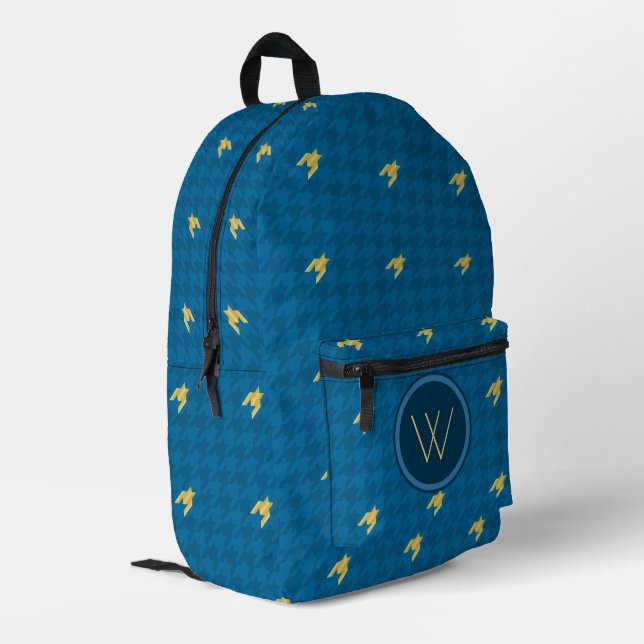 Sac À Dos Imprimé Houndstooth Bleu avec Accent Doré (Coin arrière gauche)