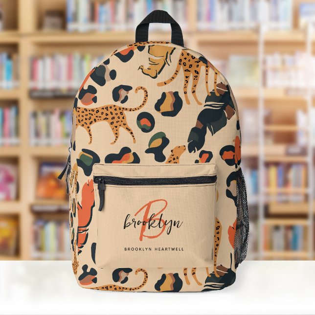 Sac À Dos Imprimé Imprimé Léopard Beige Monogramme Nom Retour à l'éc (Créateur téléchargé)