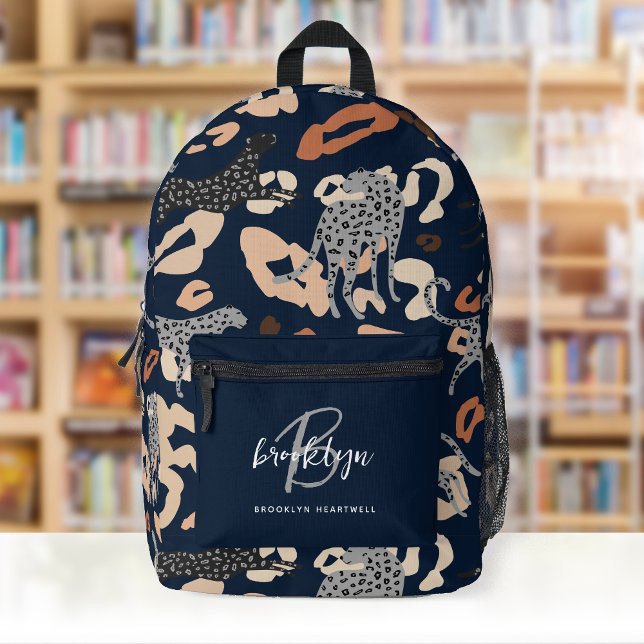 Sac À Dos Imprimé Imprimé Léopard Bleu Foncé Monogramme Nom (Créateur téléchargé)