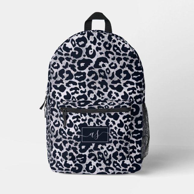 Sac À Dos Imprimé Imprimé léopard noir argenté stylé avec monogramme (Recto)