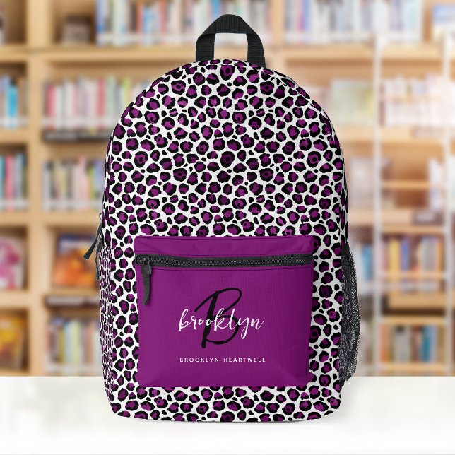 Sac À Dos Imprimé Imprimé Léopard Violet Monogramme Nom Retour à l'é (Créateur téléchargé)