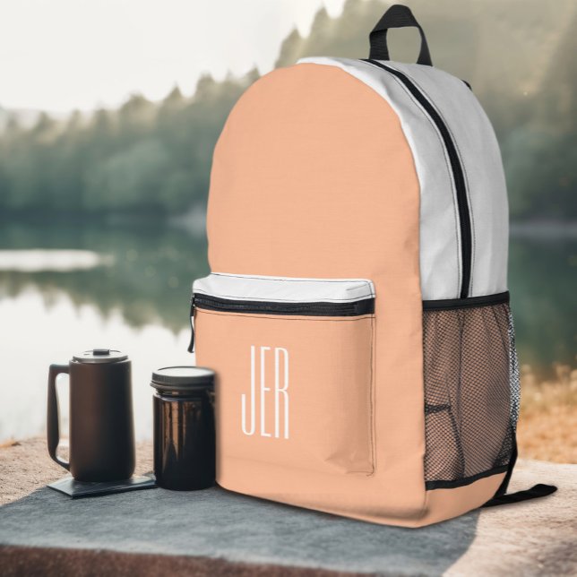 Sac À Dos Imprimé Initiales de monogramme moderne personnalisées Bla (Personalized Modern Monogram Initials Peach White Printed Backpack)