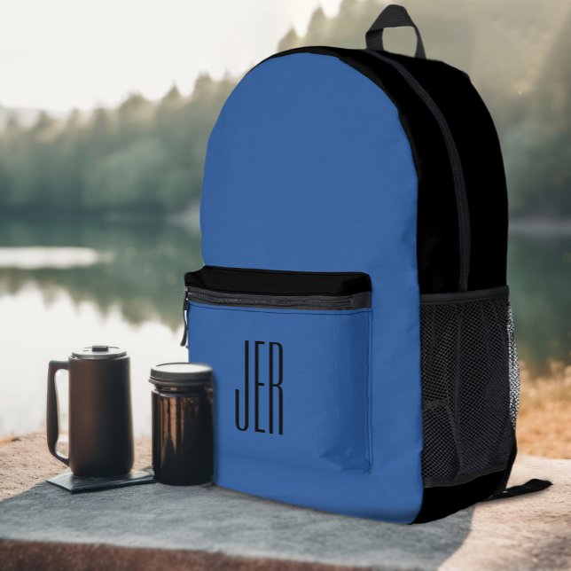 Sac À Dos Imprimé Initiales de monogramme moderne personnalisées Noi (Personalized Modern Monogram Initials Black Blue Printed Backpack)
