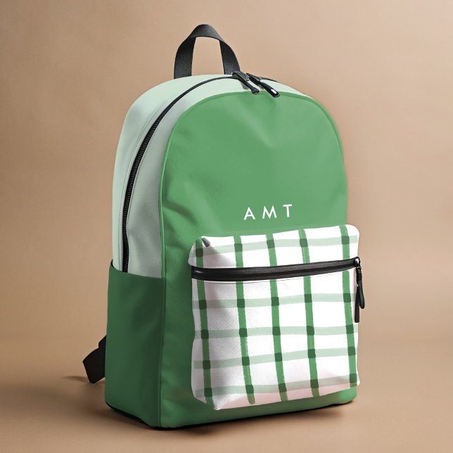 Sac À Dos Imprimé Initiales de nom personnalisé En vichy vert (Green and white hand-drawn plaid personalized school backpack.)