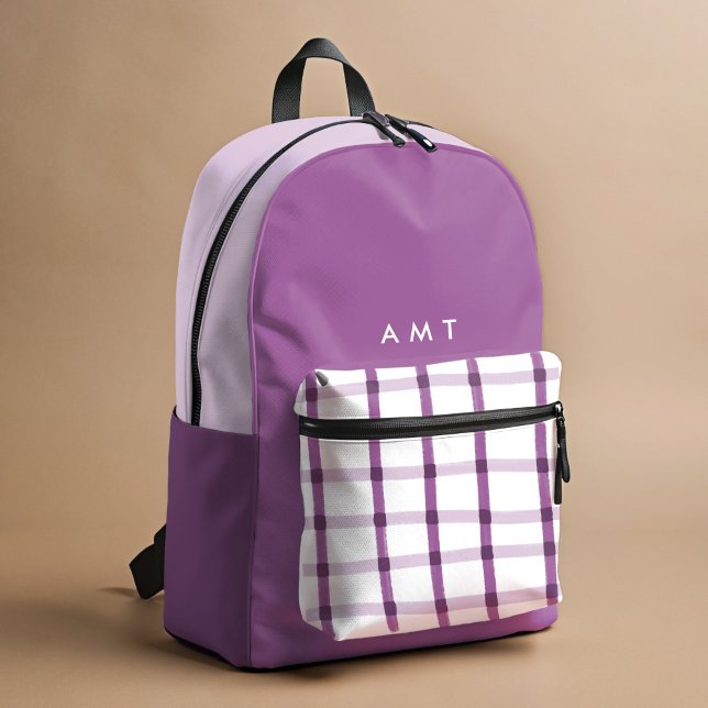 Sac À Dos Imprimé Initiales de nom personnalisé pourpre En vichy pla (Purple and white hand-drawn plaid personalized school backpack.)