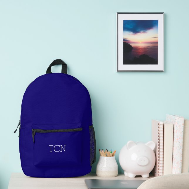 Sac À Dos Imprimé Initiales Monogramme Bleu Nuit Blanc Classique (Navy Blue White Monogrammed Classic Backpack- School Work, Gift for him)