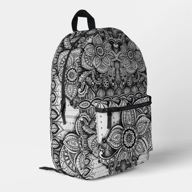 Sac À Dos Imprimé Jardin Floral noir et blanc Boho Chic Paisley (Coin arrière gauche)