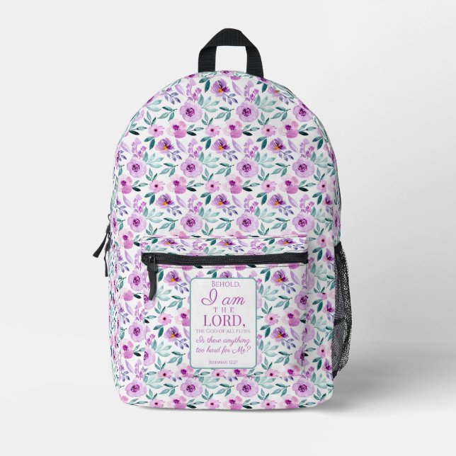 Sac À Dos Imprimé Jérémie 32:27 avec Arrière - plan de fleurs violet (Recto)