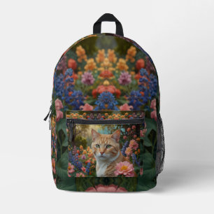 Sac À Dos Imprimé Joli chat blanc orange dans un jardin fleuri