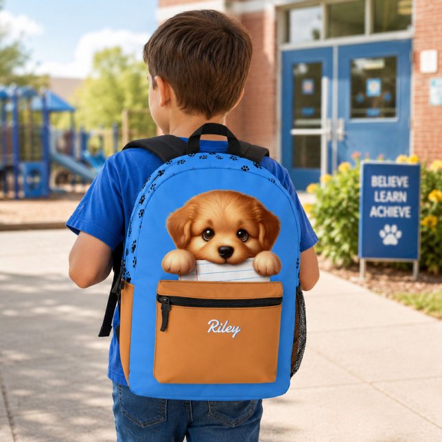 Sac À Dos Imprimé Joli Chien Mangeant Devoirs Bleu et Marron (Custom kids backpack with funny puppy eating homework design in blue for school, daycare, or travel)