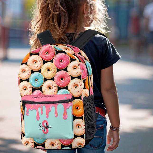 Sac À Dos Imprimé Joli Donut Fun Sweet Rose Noir Monogramme (Cute Donut Fun Sweet Black Pink Monogram Printed Backpack)
