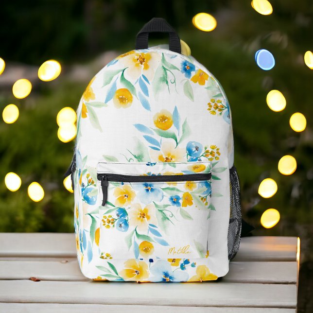 Sac À Dos Imprimé Joli jaune bleu nom fleur sauvage motif floral (Pretty yellow blue wild flower name floral pattern printed backpack)