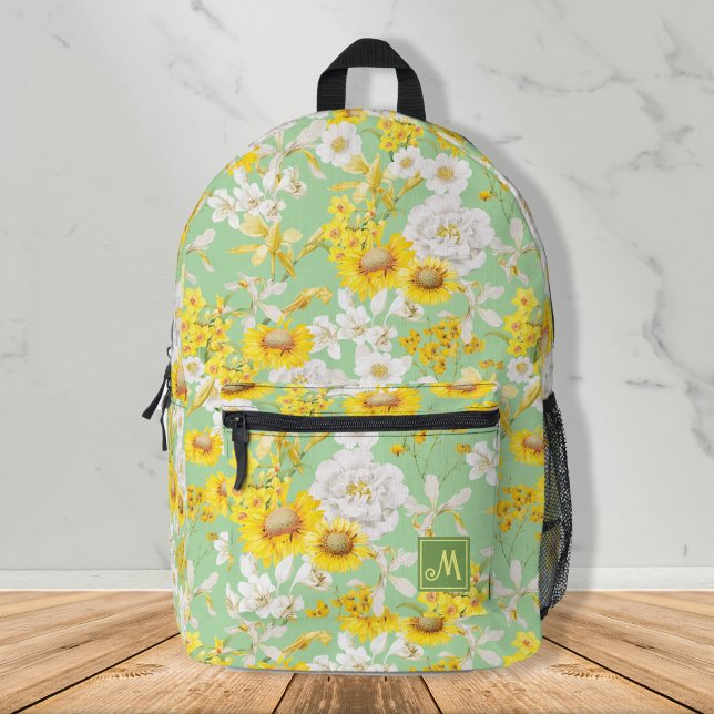 Sac À Dos Imprimé Joli Jaune Vert Floral Motif Monogramme Girl (Pretty yellow green stunning floral pattern monogram girly backpack, back to school, gift ideas)