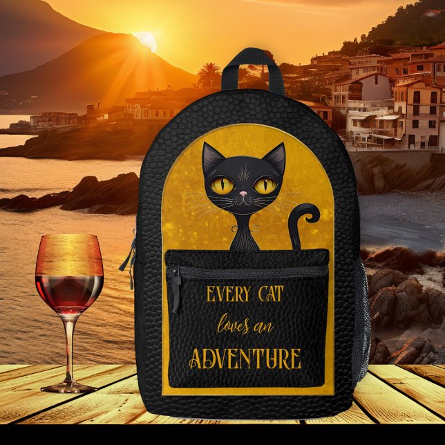 Sac À Dos Imprimé Joli look Cuir Chat Noir (Funny cat backpack featuring a cute black kitty with an ocher pattern on black leather (printed))