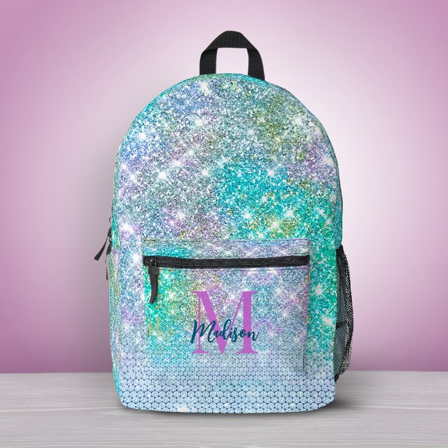 Sac À Dos Imprimé Joli monogramme de licorne turquoise fausse brilla (Créateur téléchargé)