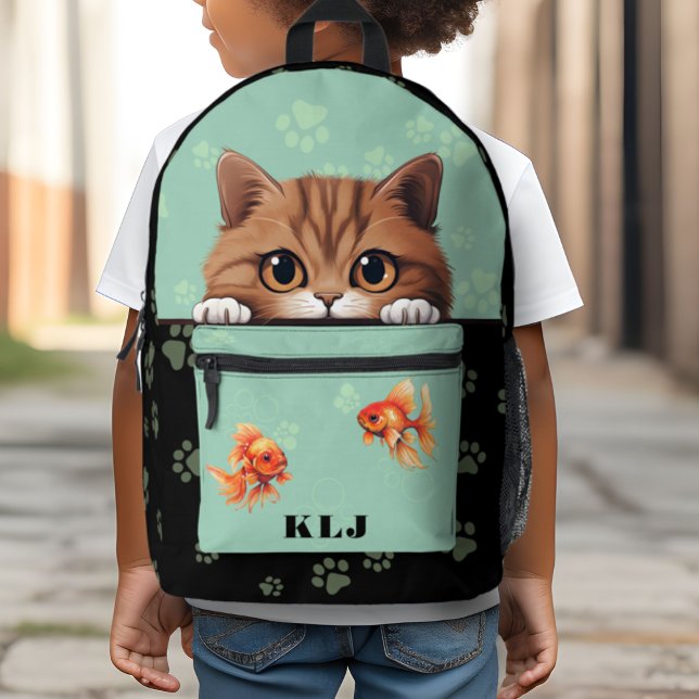 Sac À Dos Imprimé Joli Monogramme Initiales Enfants Chat (Cute Cat with Goldfish Monogram Initials Printed Backpack)