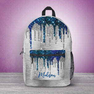Sac À Dos Imprimé Joli monogramme moderne à paillettes bleues goutte