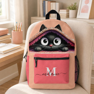 Sac À Dos Imprimé Joli Petit Chat Noir Abricot Rose Nom Personnalisé