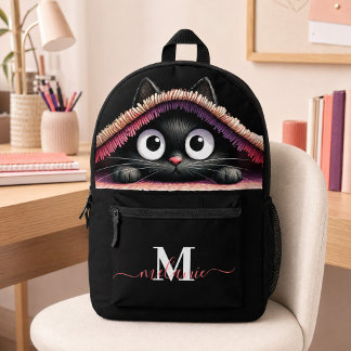 Sac À Dos Imprimé Joli Petit Chat Noir Personnalisé Monogramme Nom