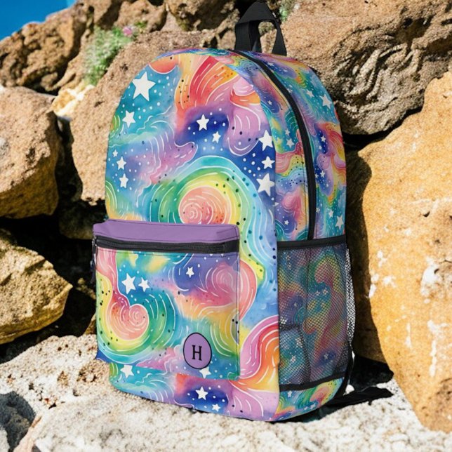 Sac À Dos Imprimé Jolie aquarelle Rainbow Galaxy Monogramme (Créateur téléchargé)