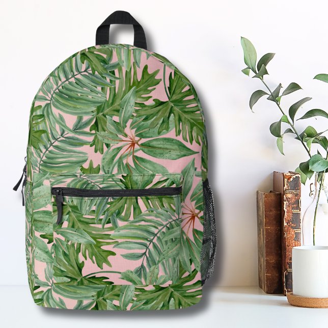 Sac À Dos Imprimé Jolie Fille Tropicale Rose Pâle (Simple Modern Pink Palm Leaf Tropical Floral Wall Printed Backpack)