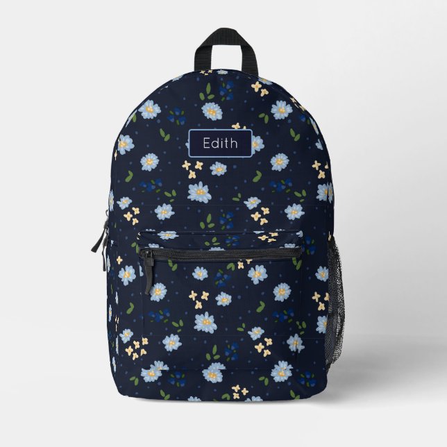 Sac À Dos Imprimé Jouer marine et motif de fleurs bleues avec le nom (Recto)