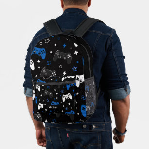 Sac À Dos Imprimé Joueur de jeu vidéo moderne noir, bleu et blanc 